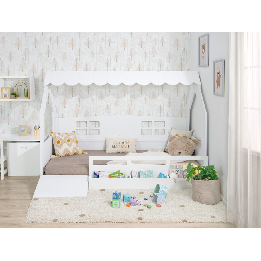 Letto a casetta montessori con contenidore giocattoli e rampa