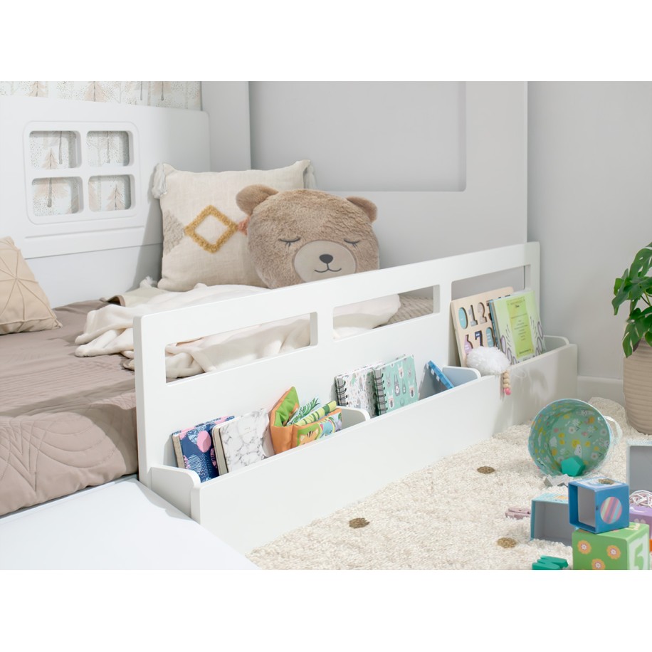 Letto a casetta montessori con contenidore giocattoli e rampa