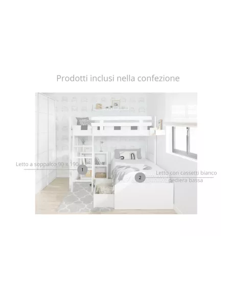 Letto a castello a L - Bianco pediera bassa