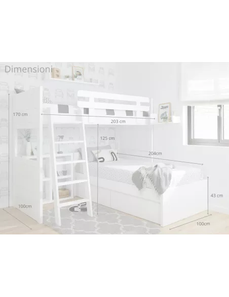 Letto a castello a L - Bianco pediera bassa