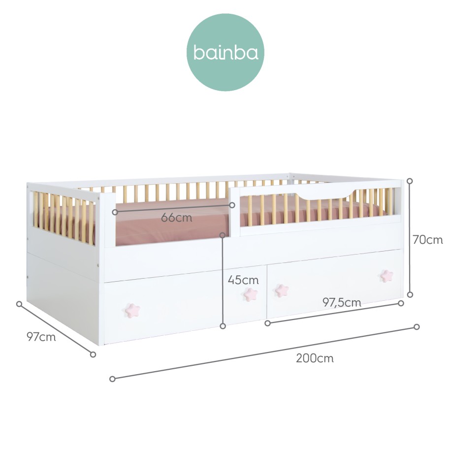 Misure Letto Montessori Evolutivo con Sbarre SOFIA e kit con cassetti