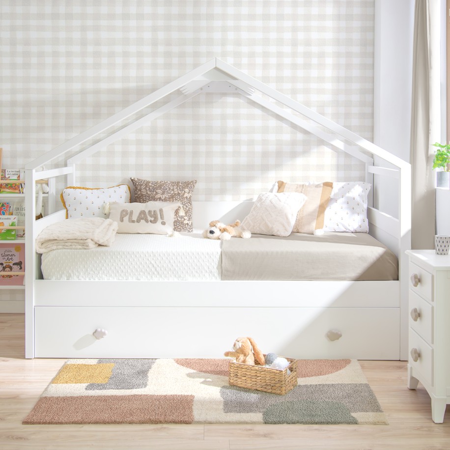 Letto a Casetta estraibile bianco. Tetto