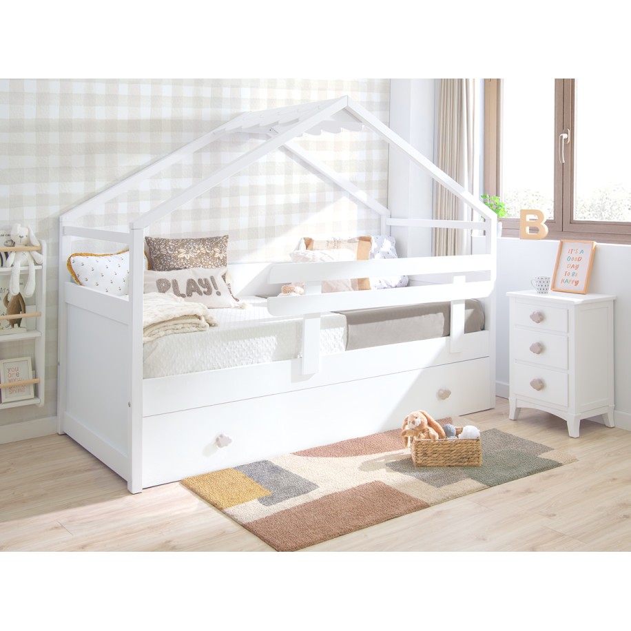 Letto a Casetta estraibile bianco. Tetto
