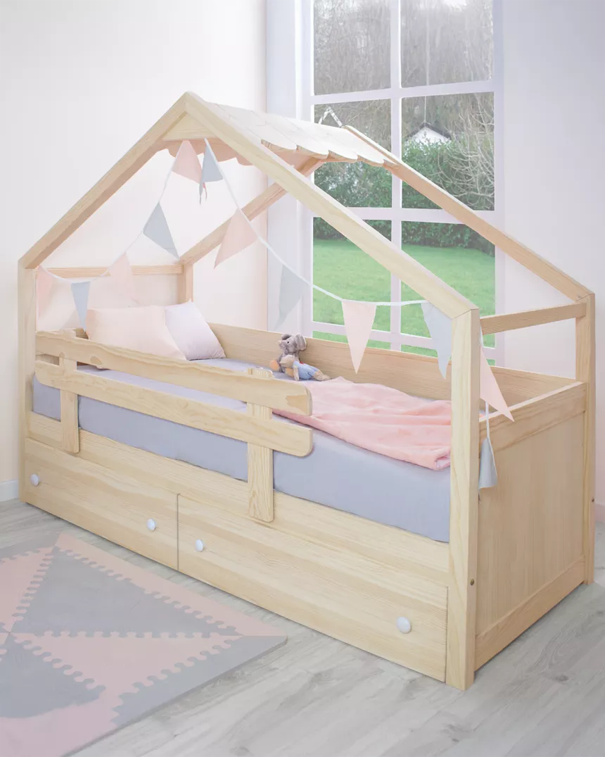 Letto a casetta con cassetti di legno naturale-Consegna Gratuita