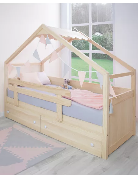 Letto a casetta con cassetti di legno naturale-Consegna Gratuita