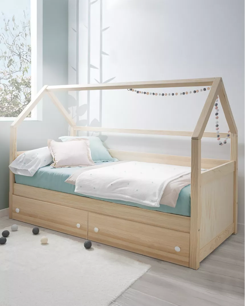 Letto casetta legno natural con cassetti-Consegna gratuita