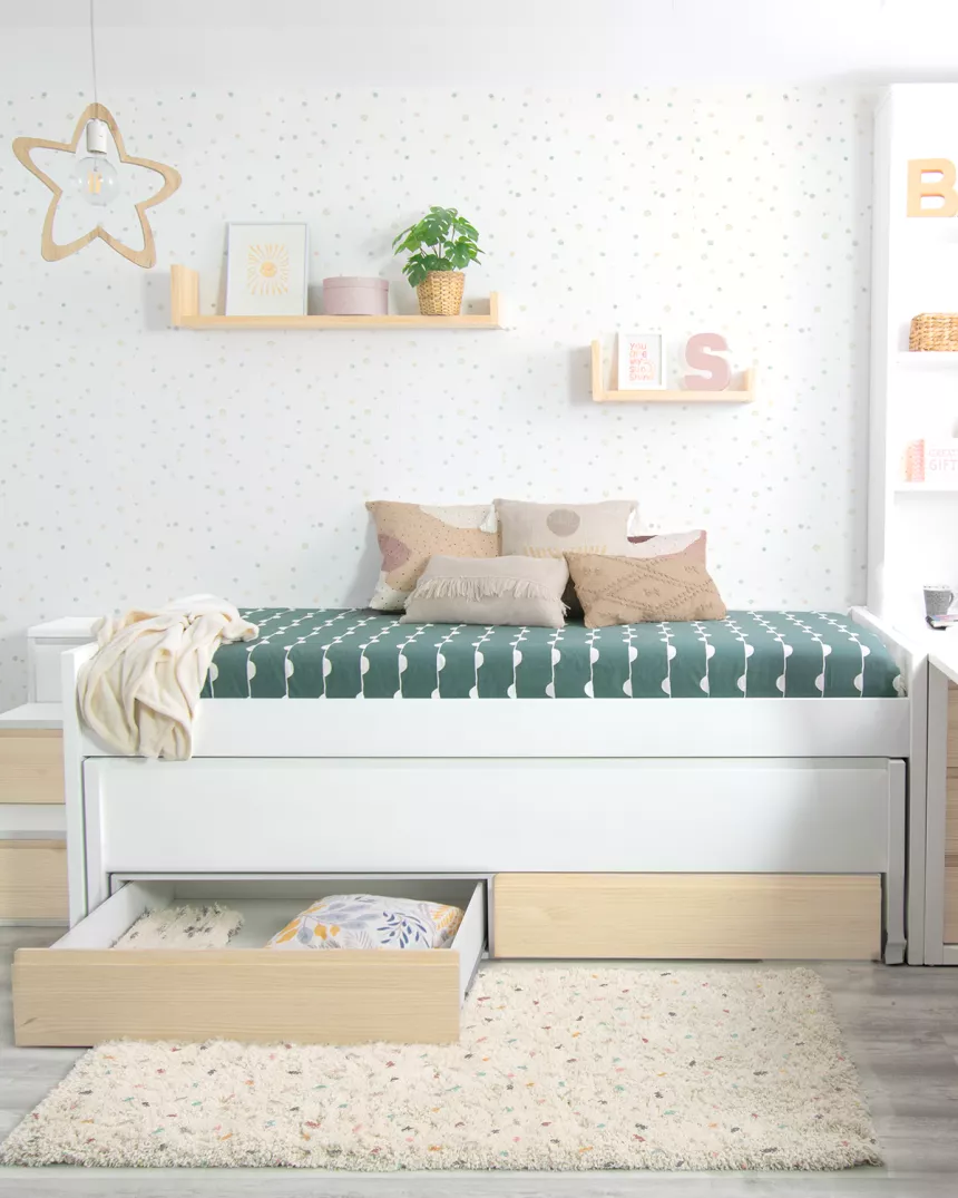 Letto estraibile e cassetti compatto legno naturale Lineare