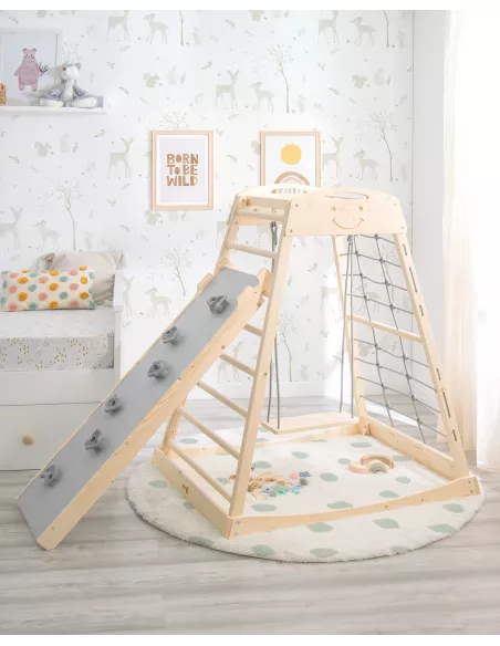 Torre da gioco con arrampicata e altalena indoor in legno per bambini