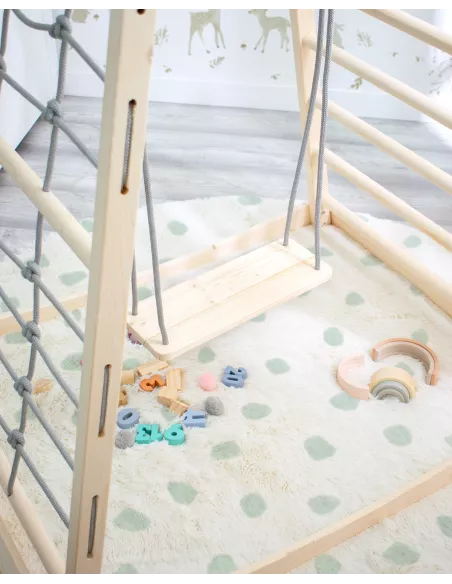 Torre da gioco con arrampicata e altalena indoor in legno per bambini