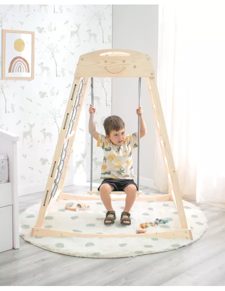 Torre da gioco con arrampicata e altalena indoor in legno per bambini