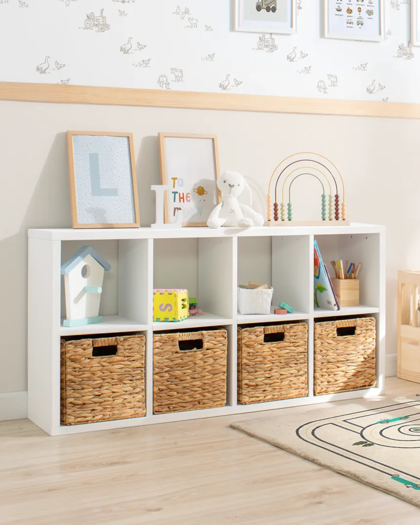 Libreria a scaffale con 4 cesti portaoggetti 2