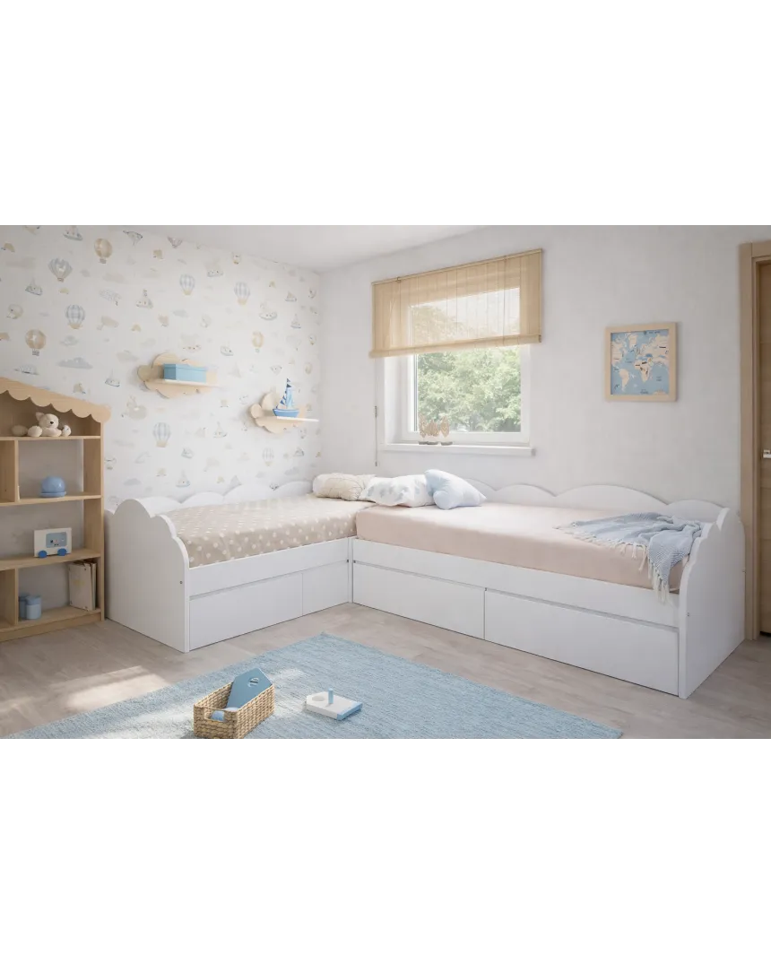 Letto per bambini nuvola con cassetti a L – Pack 2 letti 90x190