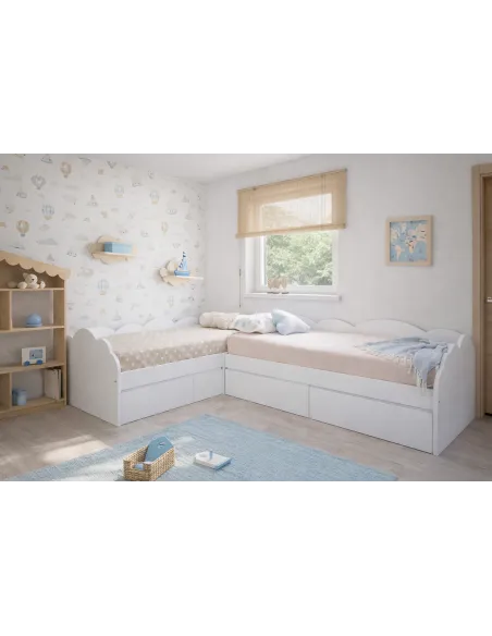 Letto per bambini nuvola con cassetti a L – Pack 2 letti 90x190