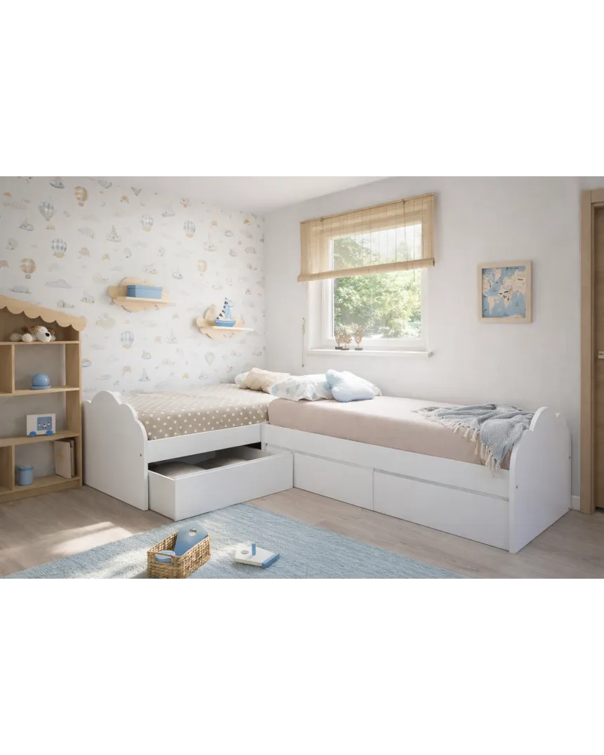 Letto per bambini nuvola con cassetti a L – Pack 2 letti 90x190