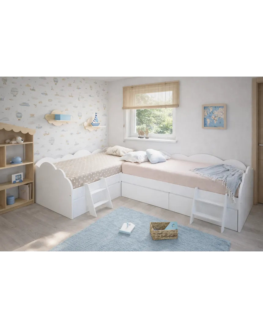 Letto per bambini nuvola con cassetti a L – Pack 2 letti 90x190