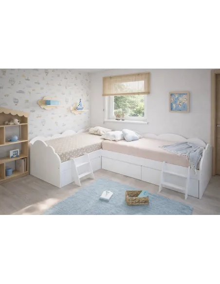 Letto per bambini nuvola con cassetti a L – Pack 2 letti 90x190