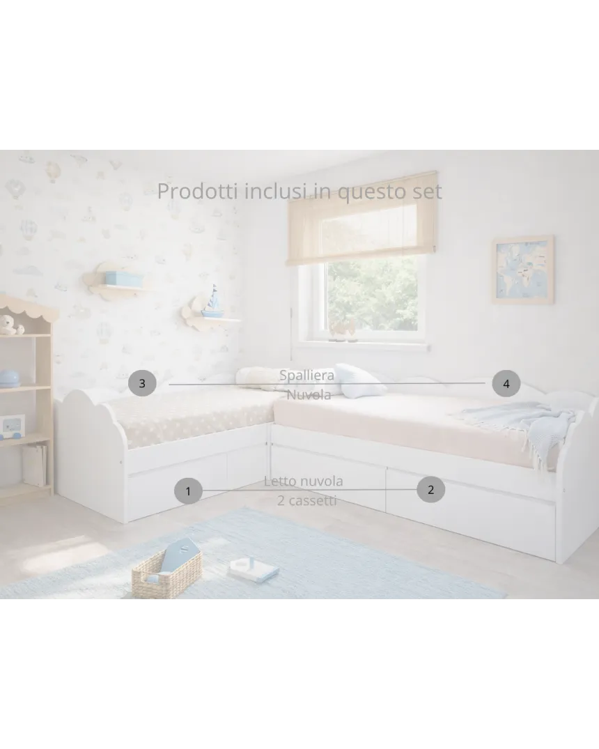 Letto per bambini nuvola con cassetti a L – Pack 2 letti 90x190