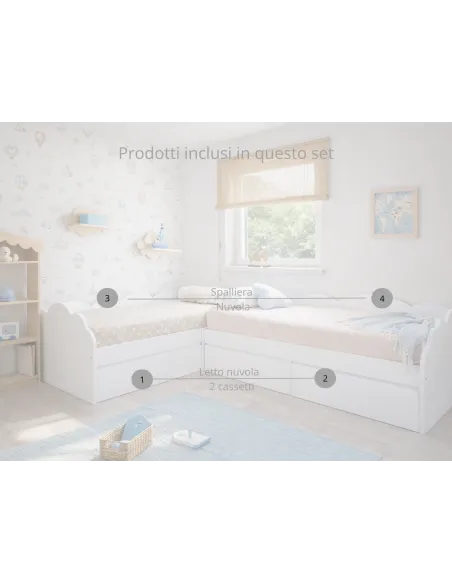 Letto per bambini nuvola con cassetti a L – Pack 2 letti 90x190