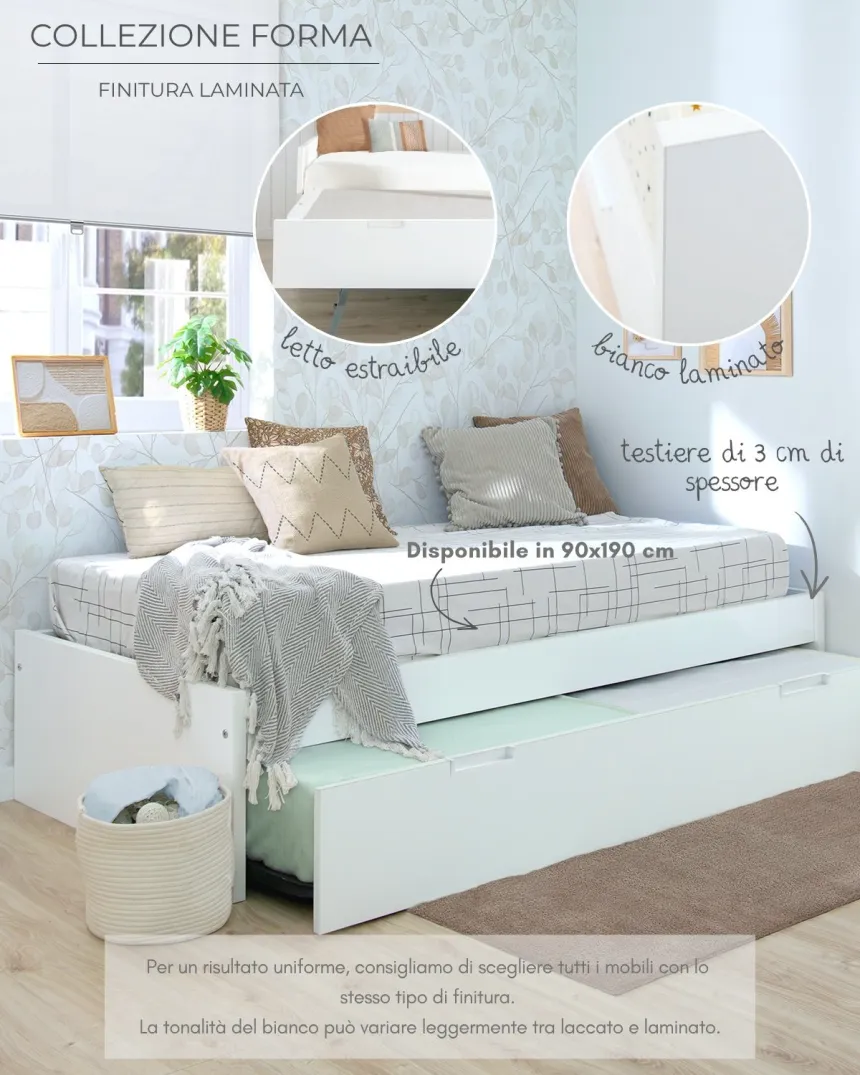 Letto estraibile laminato bianco 90x190 basso - Consegna rapida