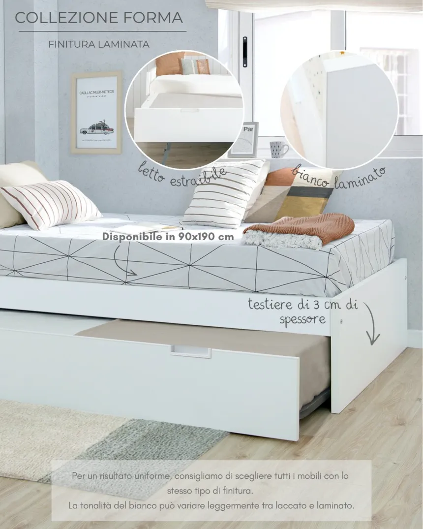 Letto estraibile laminato bianco 90x190 pediera bassa