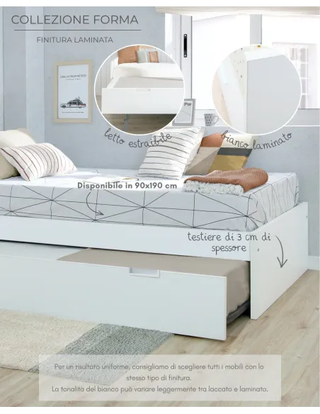Letto estraibile laminato bianco 90x190 pediera bassa