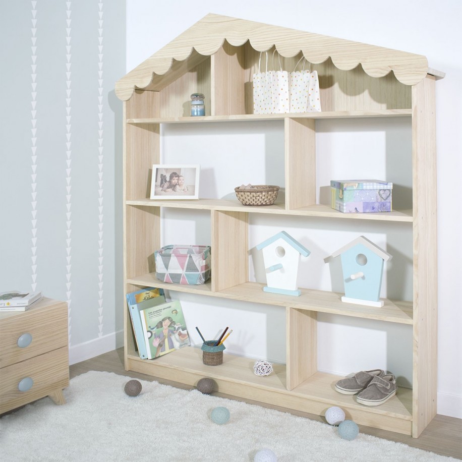 Camera da letto Montessori Nuvola con libreria a capanna in legno naturale