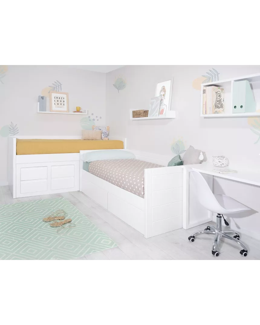 Letto ad elle con cassetti. Lineare