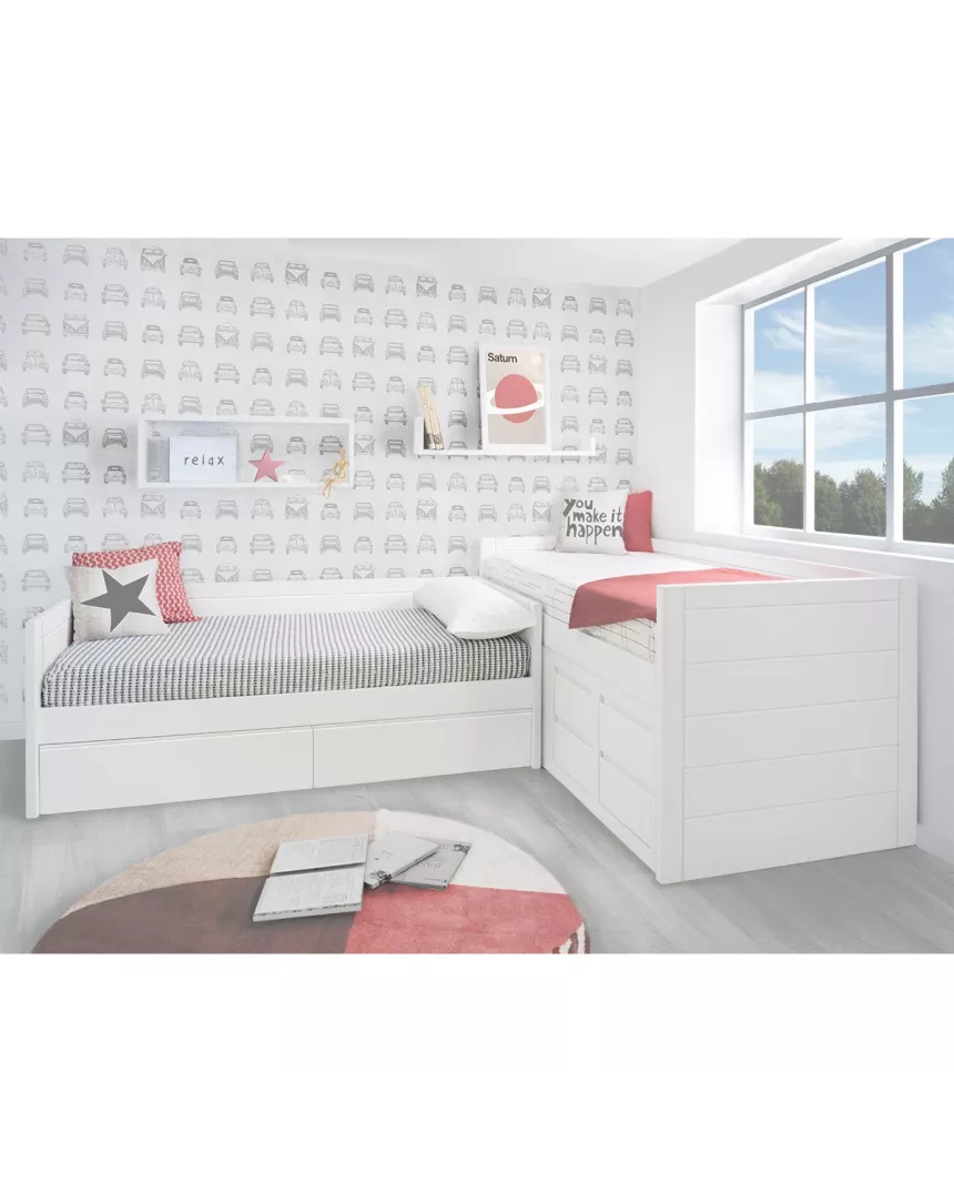 Letto ad elle con cassetti. Lineare 2